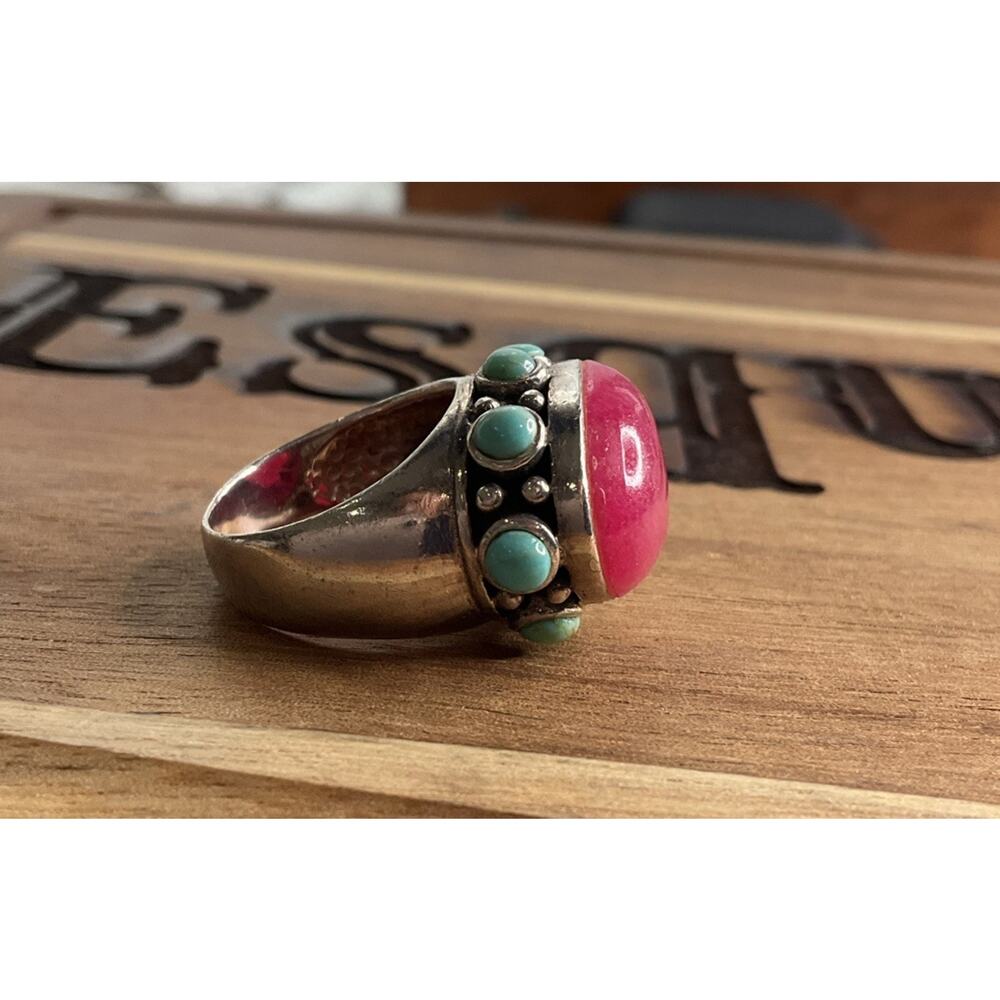 Sterling Silver 925 Pink Stone Turquoise Ring Statement Wide Band Size 5.5